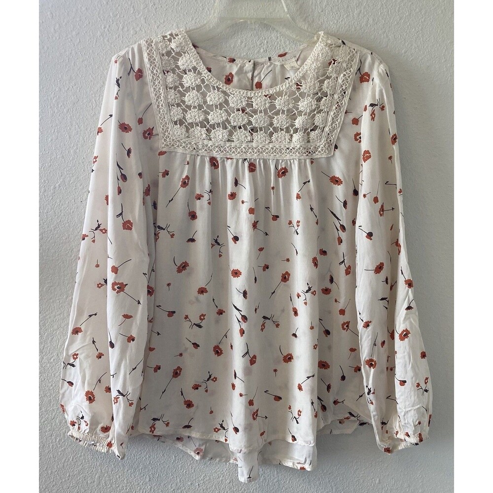 Caslon Blouse Top Womens Large Floral Crochet Detail 100% Modal Long Sleeve Boho